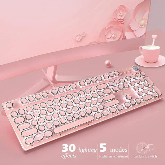 Level up your setup with this adorable Pink Typewriter Keyboard & Mouse! 🎀✨ Retro vibes meet modern gaming with white LED backlighting and anti-ghosting blue switches. Perfect for your desktop or laptop! 💖🖥️ #GamingGear #RetroStyle #CuteTech