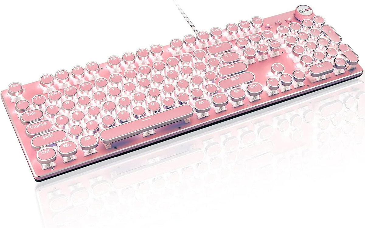 Level up your setup with this adorable Pink Typewriter Keyboard & Mouse! 🎀✨ Retro vibes meet modern gaming with white LED backlighting and anti-ghosting blue switches. Perfect for your desktop or laptop! 💖🖥️ #GamingGear #RetroStyle #CuteTech