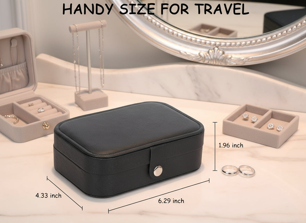 Travel Jewelry Box, Small Jewelry Organizer Boxes for Women Girls, 2 Layer Travel Jewlery Case, PU Leather Mini Portable Jewerly Storage Display Holder for Earrings, Ring, Necklaces, Bracelets Black 1