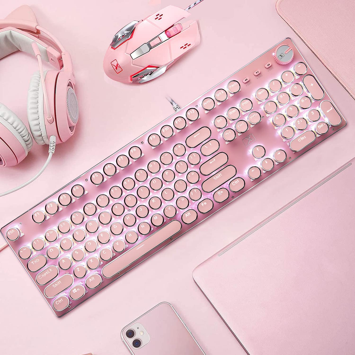 Level up your setup with this adorable Pink Typewriter Keyboard & Mouse! 🎀✨ Retro vibes meet modern gaming with white LED backlighting and anti-ghosting blue switches. Perfect for your desktop or laptop! 💖🖥️ #GamingGear #RetroStyle #CuteTech