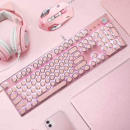 Level up your setup with this adorable Pink Typewriter Keyboard & Mouse! 🎀✨ Retro vibes meet modern gaming with white LED backlighting and anti-ghosting blue switches. Perfect for your desktop or laptop! 💖🖥️ #GamingGear #RetroStyle #CuteTech