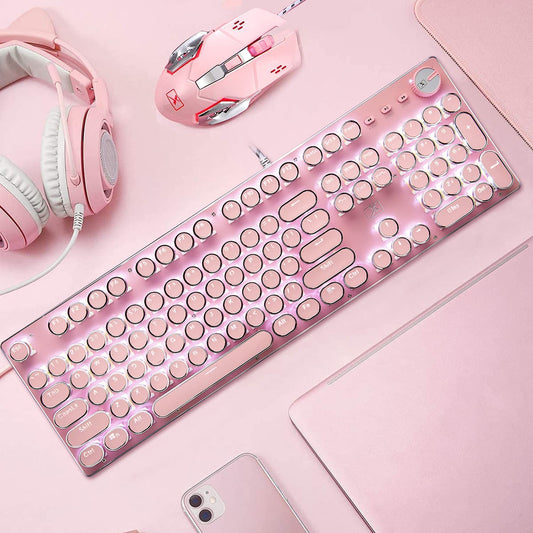 Level up your setup with this adorable Pink Typewriter Keyboard & Mouse! 🎀✨ Retro vibes meet modern gaming with white LED backlighting and anti-ghosting blue switches. Perfect for your desktop or laptop! 💖🖥️ #GamingGear #RetroStyle #CuteTech
