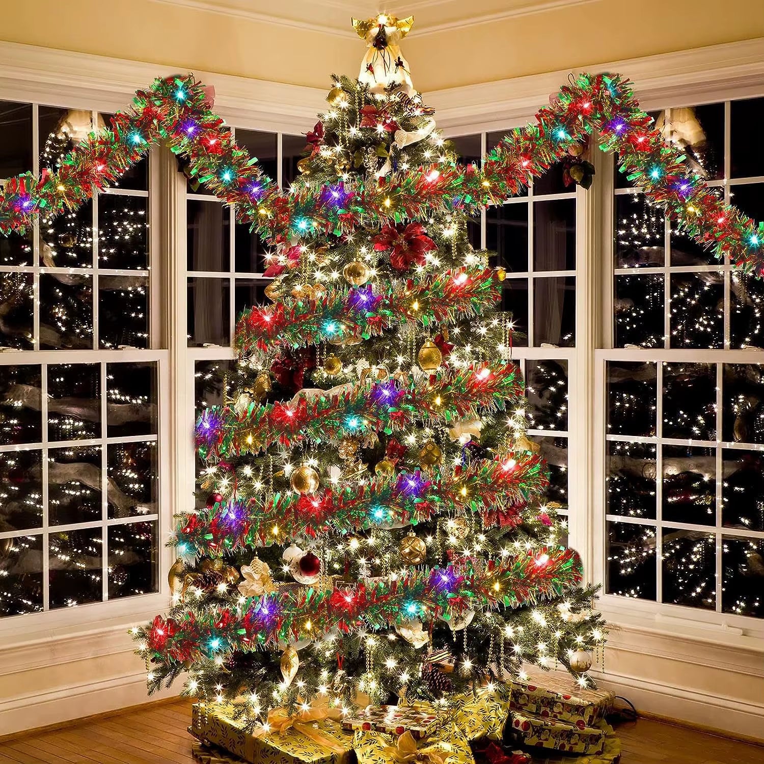 Sparkle Up Your Holidays! 🎄✨ 5M Metallic Tinsel Garland with LED Lights - Perfect for Your Xmas Tree & DIY Decor! #HappyNewYear2026 #HomeDecor