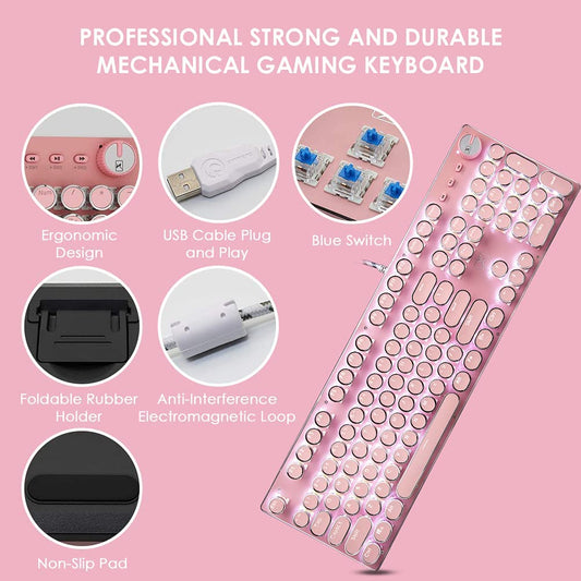 Level up your setup with this adorable Pink Typewriter Keyboard & Mouse! 🎀✨ Retro vibes meet modern gaming with white LED backlighting and anti-ghosting blue switches. Perfect for your desktop or laptop! 💖🖥️ #GamingGear #RetroStyle #CuteTech
