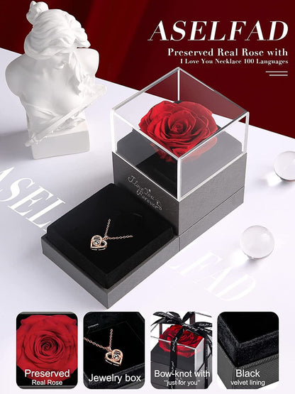 Eternal Love: Preserved Red Rose & "I Love You" Necklace in 100 Languages - The Ultimate Romantic Gift for Her! 🌹💖