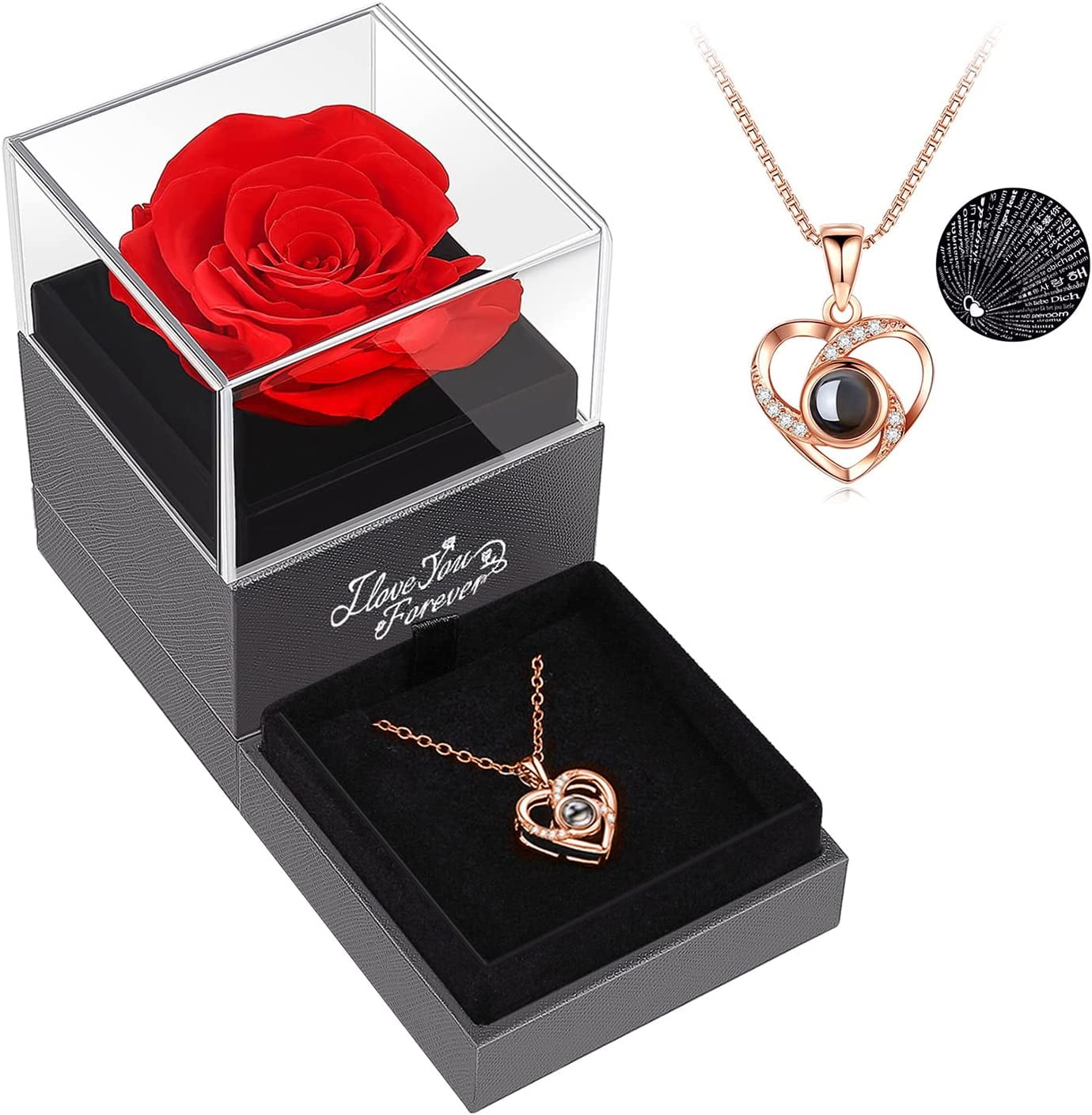 Eternal Love: Preserved Red Rose & "I Love You" Necklace in 100 Languages - The Ultimate Romantic Gift for Her! 🌹💖