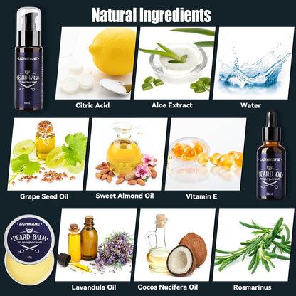 Beard Care Christmas Gifts Kit for Men, Beard Mustache Grooming Kit-Beard Balm, Beard Wash, Beard Oil, Brush, Scissors, Birthday Anniversary Thanksgiving Gifts for Husband/Boyfriend/Dad/Him