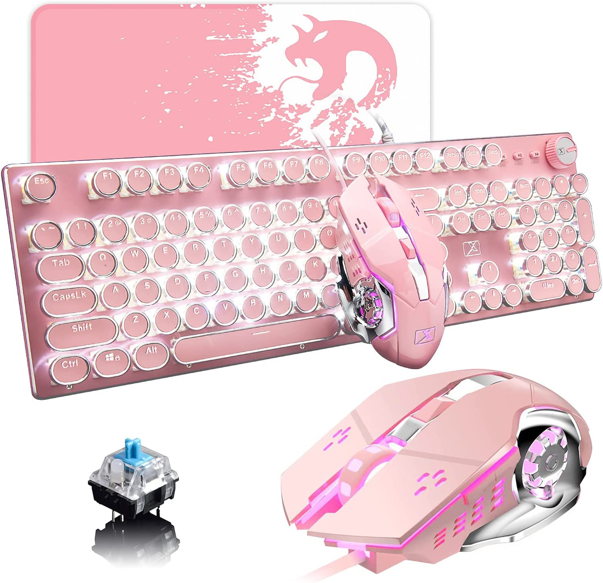 Level up your setup with this adorable Pink Typewriter Keyboard & Mouse! 🎀✨ Retro vibes meet modern gaming with white LED backlighting and anti-ghosting blue switches. Perfect for your desktop or laptop! 💖🖥️ #GamingGear #RetroStyle #CuteTech