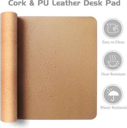 Aothia Dual-Sided Desk Pad - Leather Desk Mat, Natural Cork Desk Pad Protector, Large Mouse Pad for Desk, Waterproof Desk Blotter Pad, Desk Writing Pad for Office Work/Home, Apricot(25.6"X13.7")