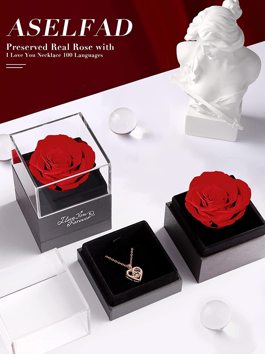 Eternal Love: Preserved Red Rose & "I Love You" Necklace in 100 Languages - The Ultimate Romantic Gift for Her! 🌹💖